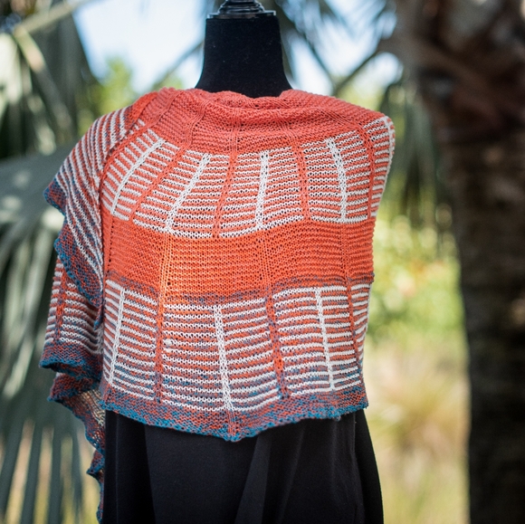 Hand Crafted OOAK Avantgarde Boho Striped Cotton Orange Blue Summer Knit Shawl - Picture 15 of 15